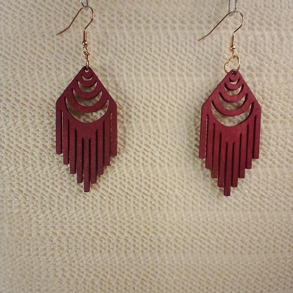 BOHO RED WOODEN Bohemian Geometric Drop Laser Cut 3.25" Earrings